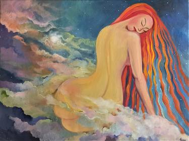 Nude girl with red hair against the sky,Abstract oil painting thumb