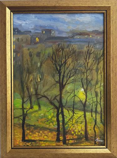 Autumn night landscape oil painting on canvas in a frame thumb