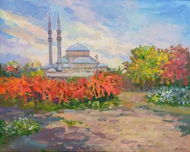 Autumn in Istanbul park with mosque plein air acrylic painting thumb