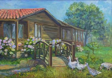 Rustic oil painting with a blooming garden and geese in the yard thumb