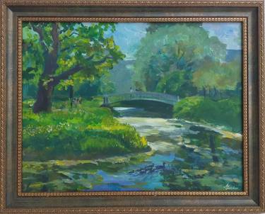 Summer green landscape with pond and ducks plein air painting thumb