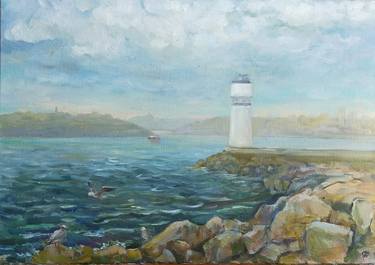 Lighthouse on the sea original Oil painting, Plein air art thumb