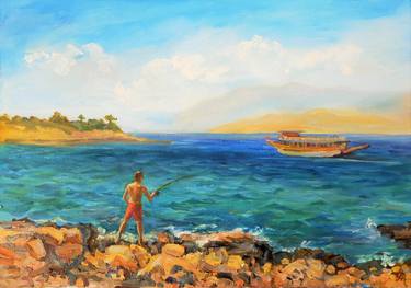 Fisherman at sea Landscape oil painting,Beach Wall Art, Plein Air thumb