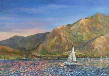 Sea at sunset oil painting,White sailboat,Plein air painting thumb
