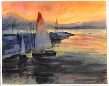 Sunset at sea,Watercolor seascape,Landscape wall art thumb
