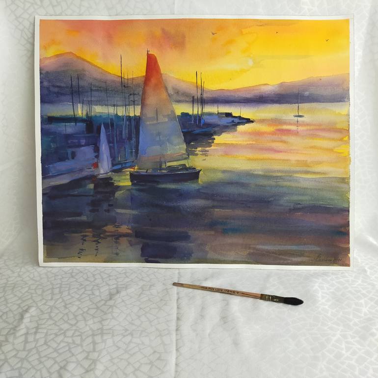 Original Art Deco Sailboat Painting by Anastassiya Coskun