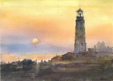 Seascape with lighthouse, Sunset landscape with watercolor thumb