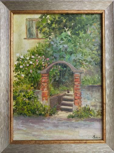 Garden with arch in the yard, Landscape with rose bushes in oil thumb