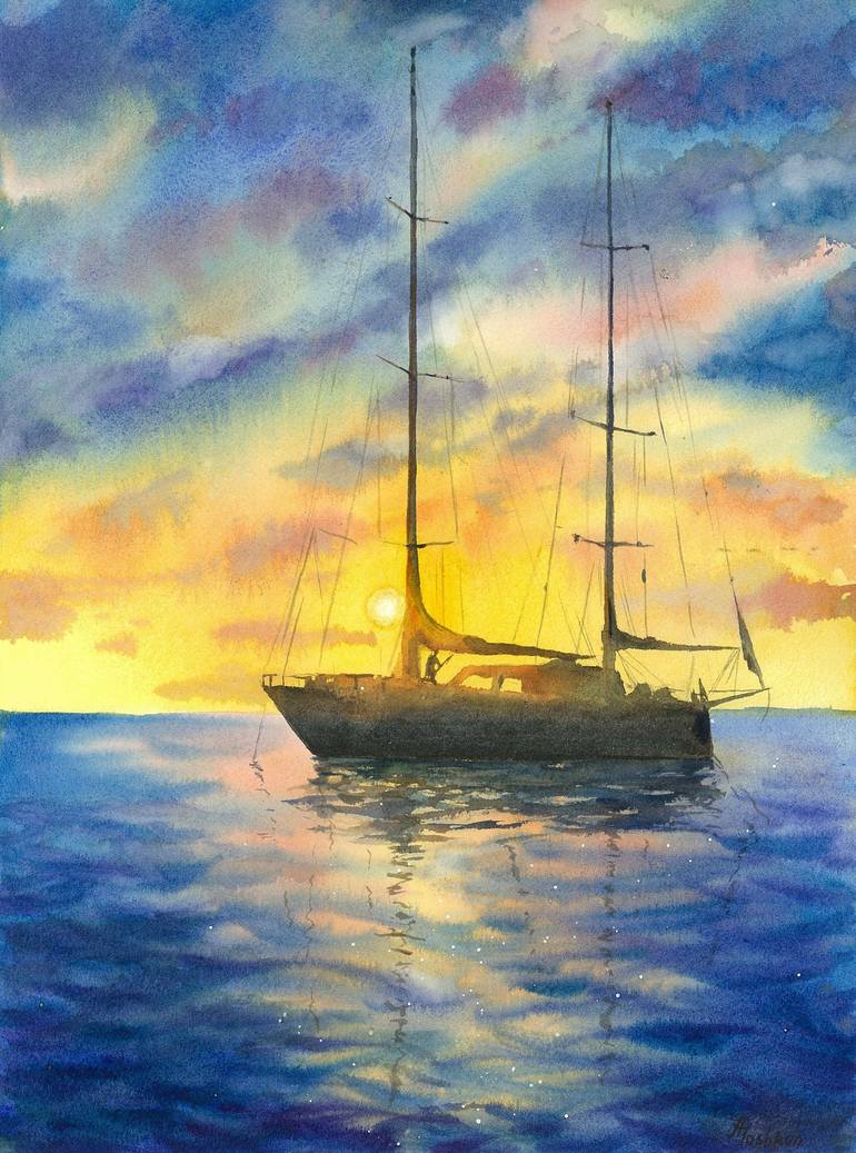 Nocturn - One of kind watercolor outlet painting - Sunset on beach with sailboat