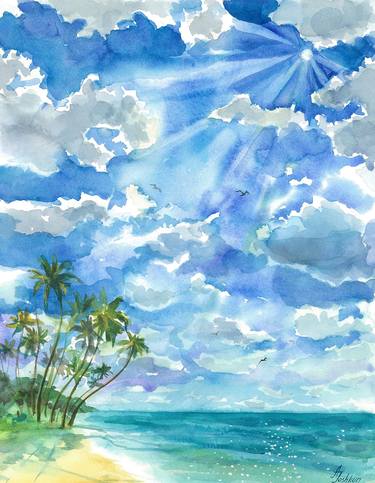 Clouds with sun rays, Beach seascape with palm trees thumb