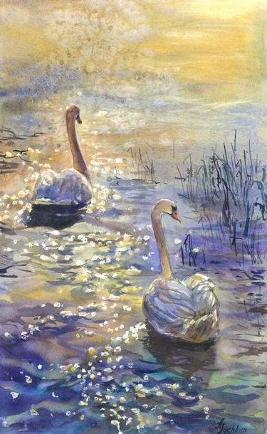 Swan lake, Swans floating on the lake, Watercolor painting thumb