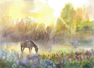 Sunrise watercolor painting,Gentle landscape with horse thumb