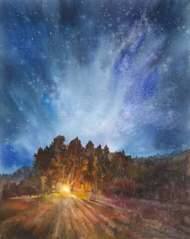 Starry Night,Original Watercolor,Forest,Landscape Painting thumb