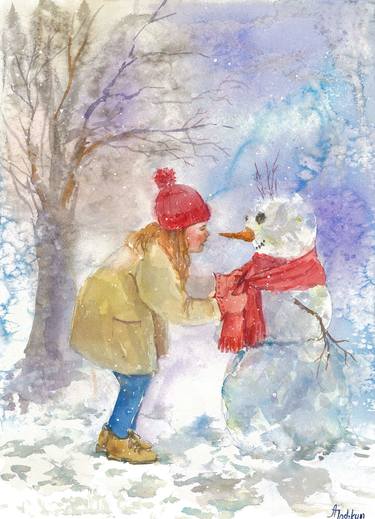 A child with a snowman snow original watercolor painting thumb
