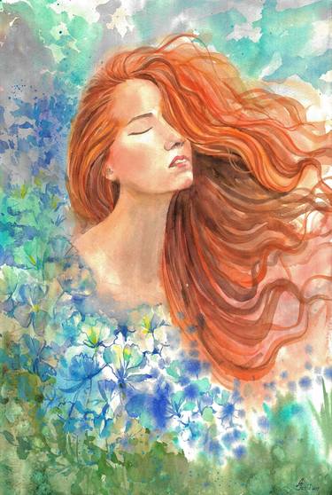 Portrait of a red-haired girl watercolor painting,Blue flowers thumb