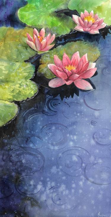 Pink lotus,Original watercolor painting,Floral art,Long wall art thumb