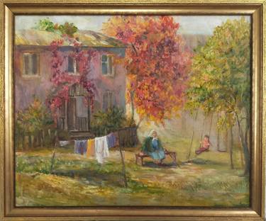 Autumn courtyard in oil painting,Childhood Courtyard thumb