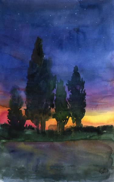 Sunset original watercolor painting,Landscape with trees thumb