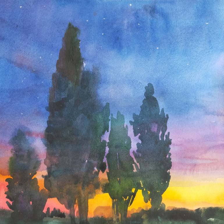 Original watercolor painting Yellow sunset in the field Original Art Art Home Evening Sun Watercolor landscape wall art good Realistic artwork