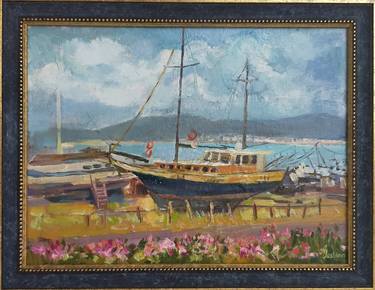 Landscape with boat plein air oil painting,A small painting thumb