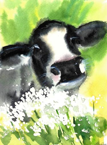 Portrait of a black and white cow in flowers watercolor painting thumb