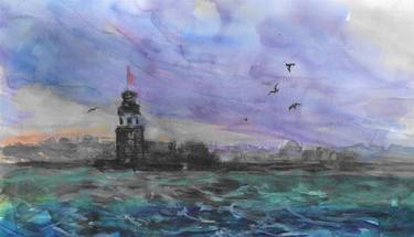 Maiden Tower in Istanbul original watercolor painting,Seascape thumb