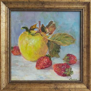 Apple oil painting,Strawberry wall art,Framed painting thumb