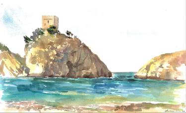 Rocks on the sea plein-air original watercolor painting thumb