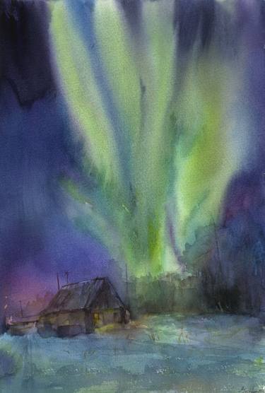 Northern Lights with a house original watercolor painting thumb