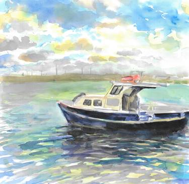 Boat at sea watercolor painting on paper,Plein air painting thumb