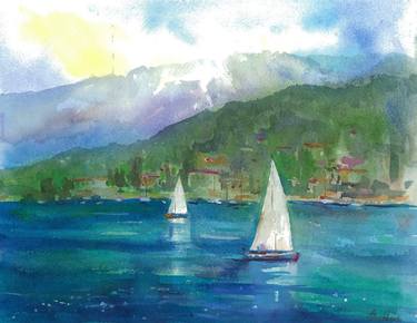 Boats at sea in the mountains watercolor painting thumb