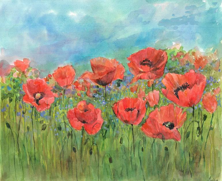 Buy Poppies in a field, flower drawing in pastel, framed, ready to hang