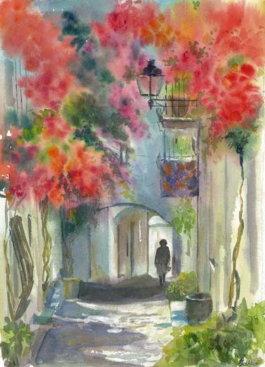 City street with flowers in Spain watercolor painting thumb