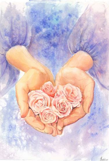 Roses in the hands of a watercolor painting,Floral Wall Art thumb