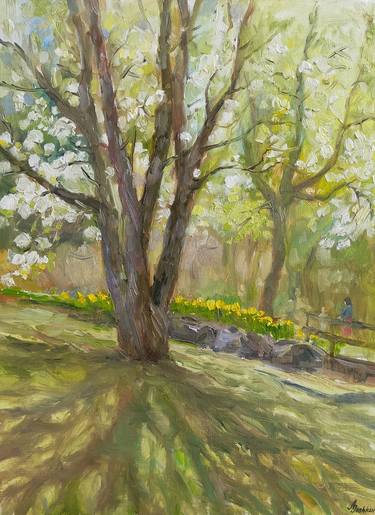 Spring blooming tree oil painting plein air painting from nature thumb