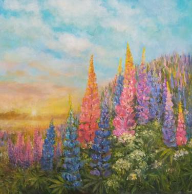 Lupines in a field at sunset oil painting,Flower painting thumb