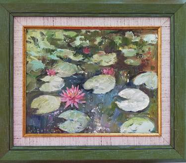 Water lilies,Small oil painting,Flower painting,Framed painting thumb