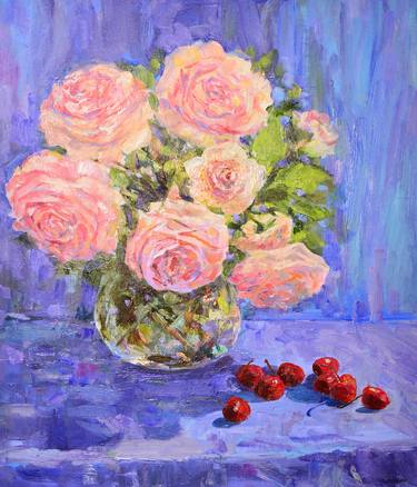 Still life with roses and cherries on blue oil painting thumb