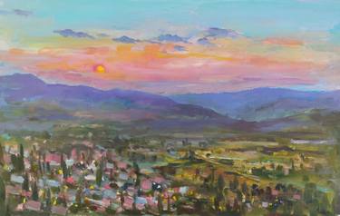 Sunset in the mountains oil painting,Landscape plein air painting thumb