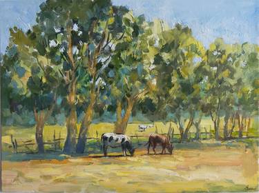 Cows in the meadow summer plein air oil painting from nature thumb