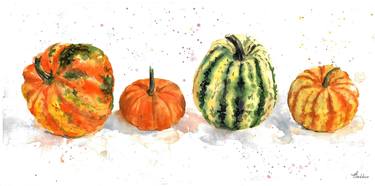 Small pumpkins on a white background watercolor painting thumb
