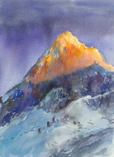 Everest mountain watercolor painting peak with rock climbers thumb