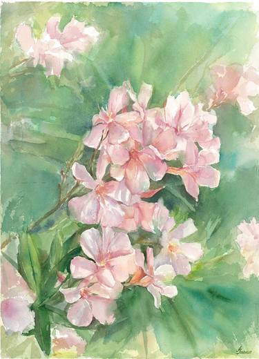 Oleander branch with flowers watercolor painting thumb