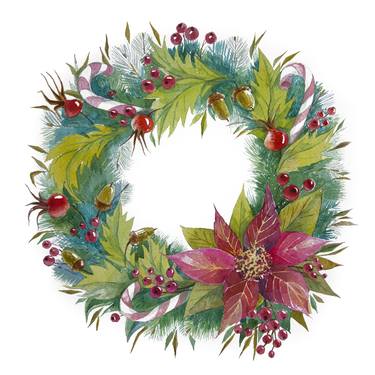 Merry Christmas and New Year Watercolor Wreath thumb