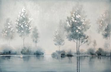 Landscepe acrylic painting with silver leaf, Light gray Abstract trees Painting On Canvas, Aesthetic wall art for Livingroom thumb