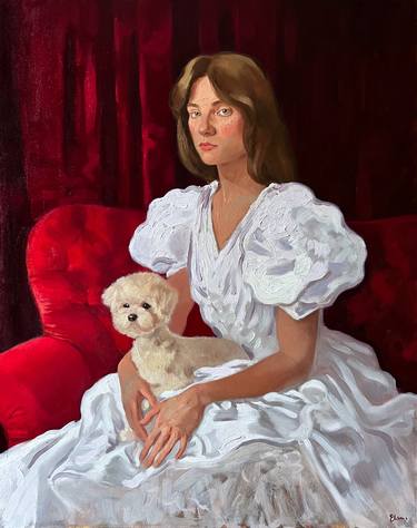 Portrait of a woman with maltese dog thumb