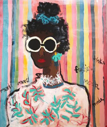 Black Girl in Sunglasses - African, Women, American, portrait, ready to hand, fashion girl, earrings, necklace, multicolor thumb
