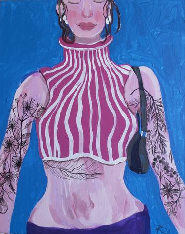 I'm happy - tattoo, girl, fashion girl, cobalt color, blue color, ready to hang, womans art, girl power, crop top thumb