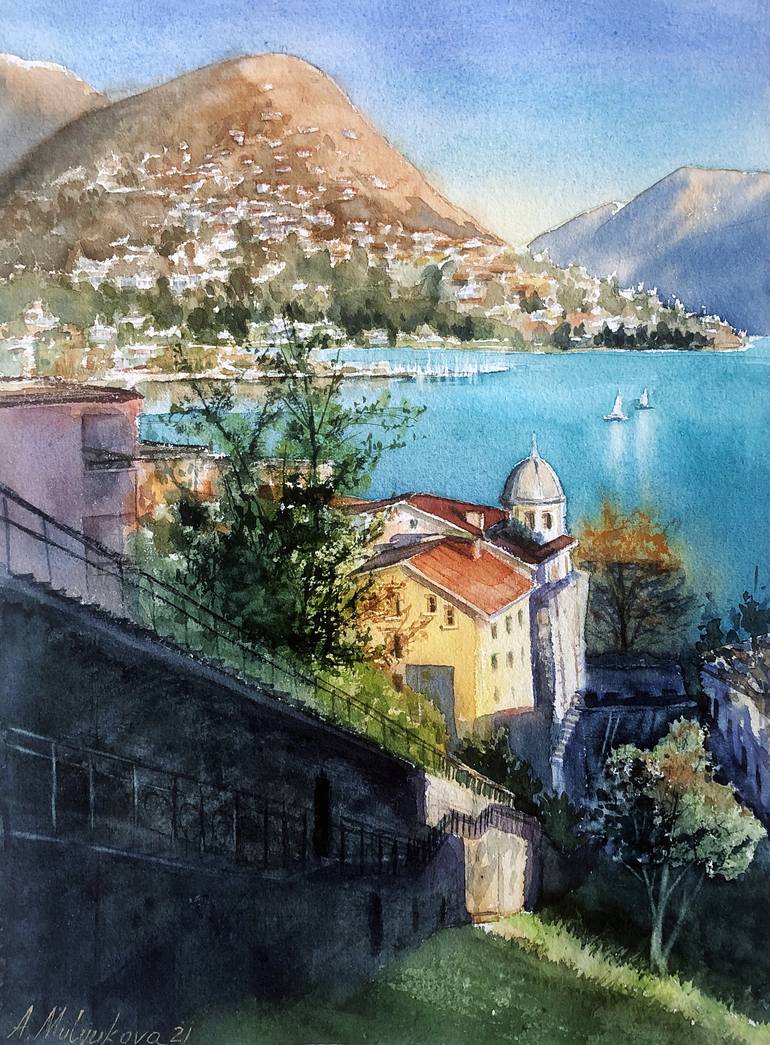 Lugano. A mountain lit by the sun. Painting by Alevtina Mulyukova ...