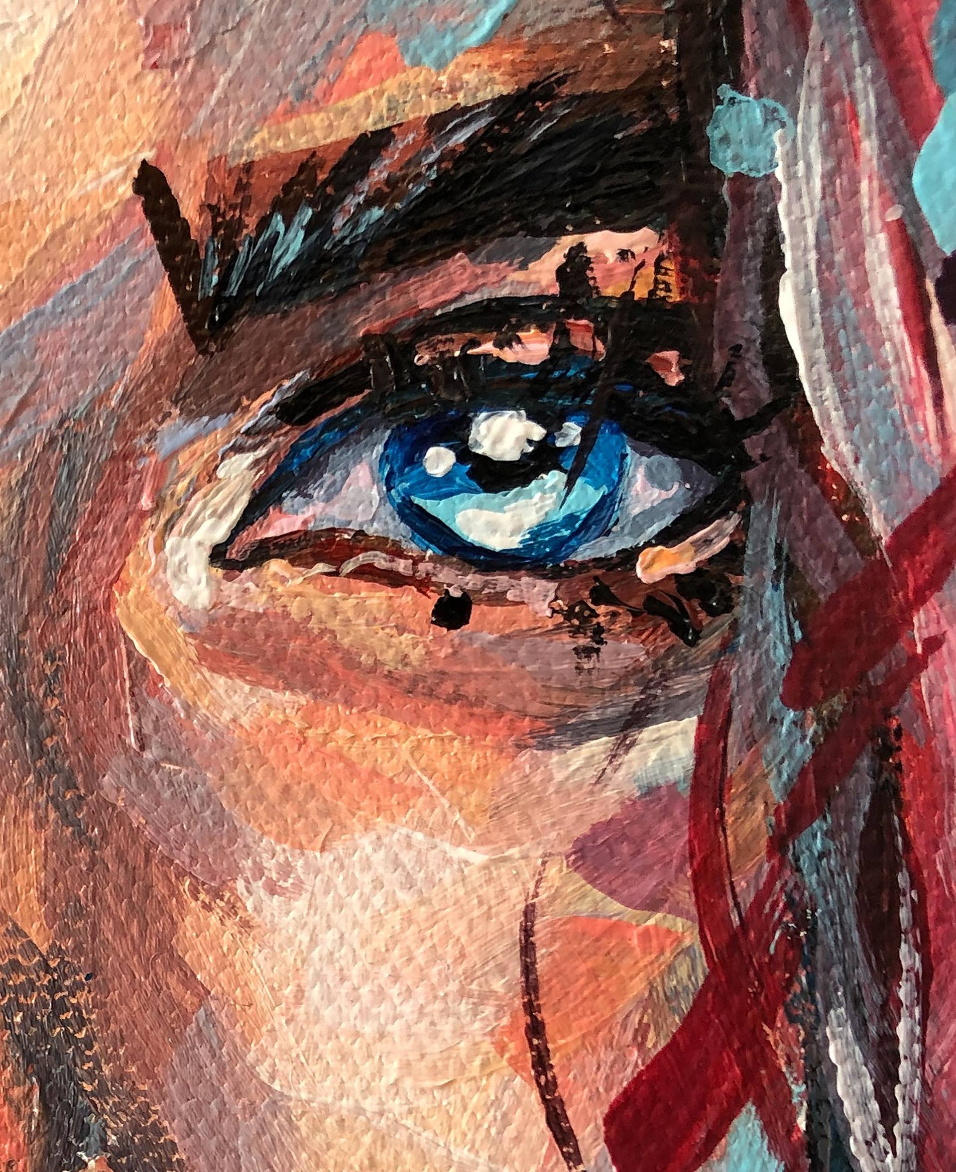 Blue Eyed Woman With a Halo. Original Acrylic 5x7 Painting on